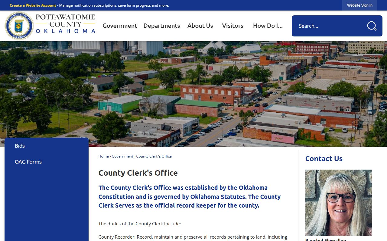 Pottawatomie County Clerk office page showing recording duties and land record links