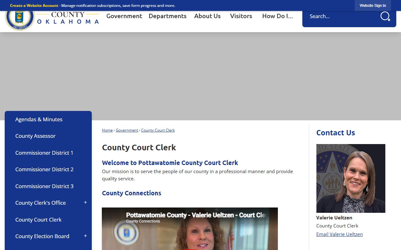 Pottawatomie County Court Clerk office page with address, hours, and court search links