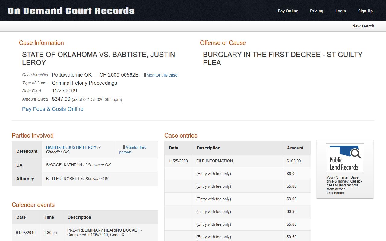 Pottawatomie County court dockets shown on an ODCR criminal case record