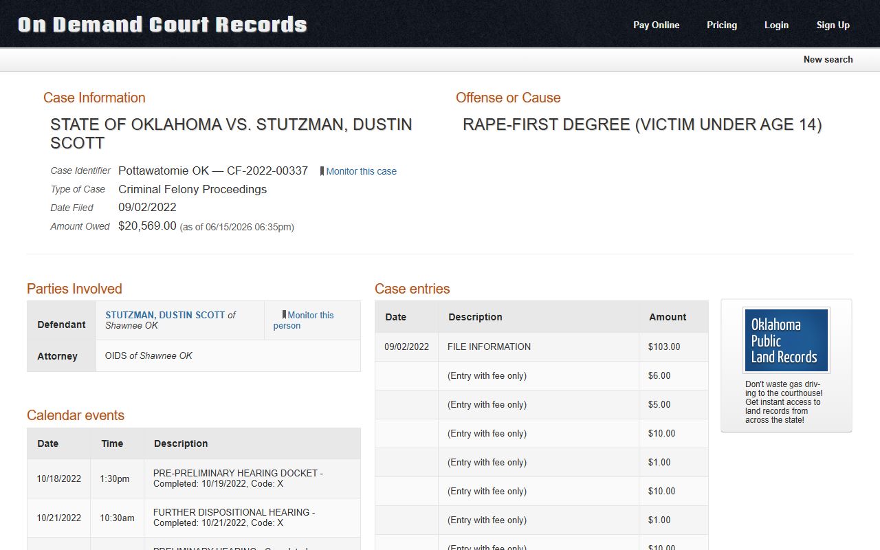 Pottawatomie County court dockets and ledger on an ODCR felony case record