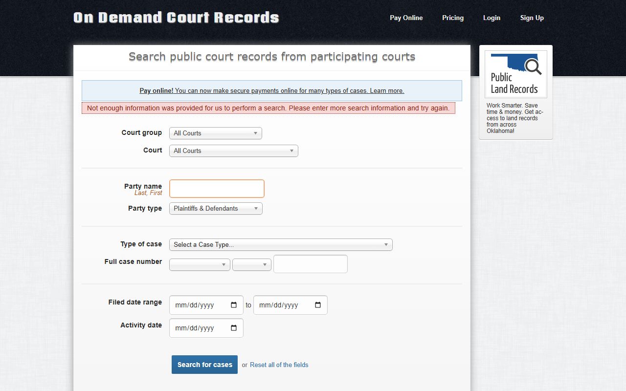 Pottawatomie County court records search fields on the ODCR search page