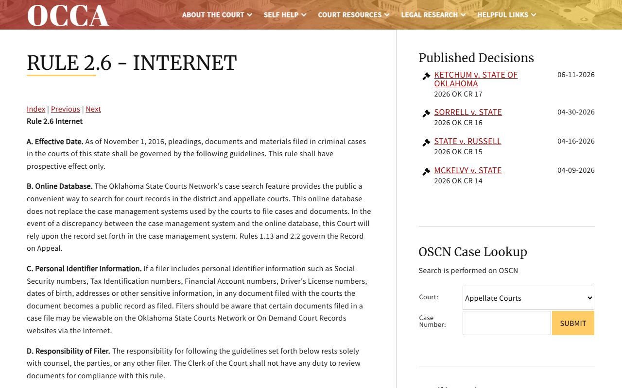 Pottawatomie County court records public access rule from the OSCN court records page