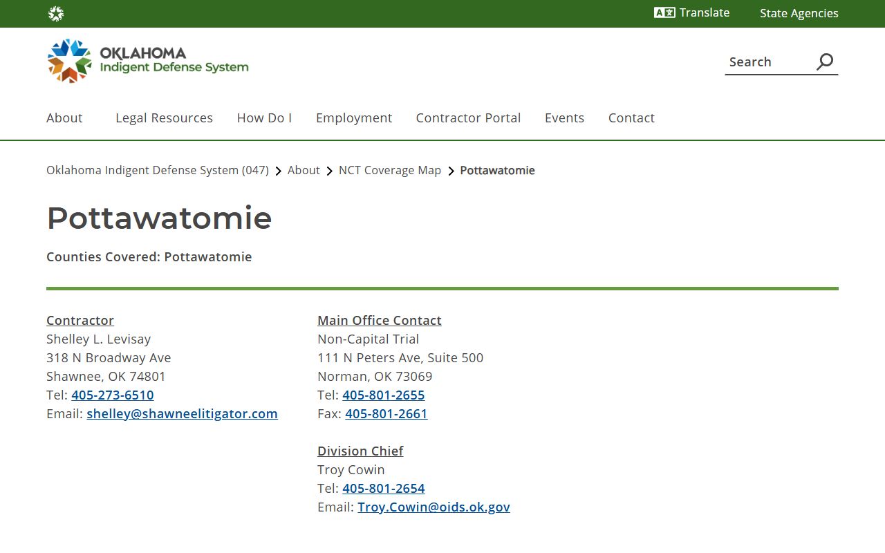 Pottawatomie County criminal court records public defense coverage on the OIDS page