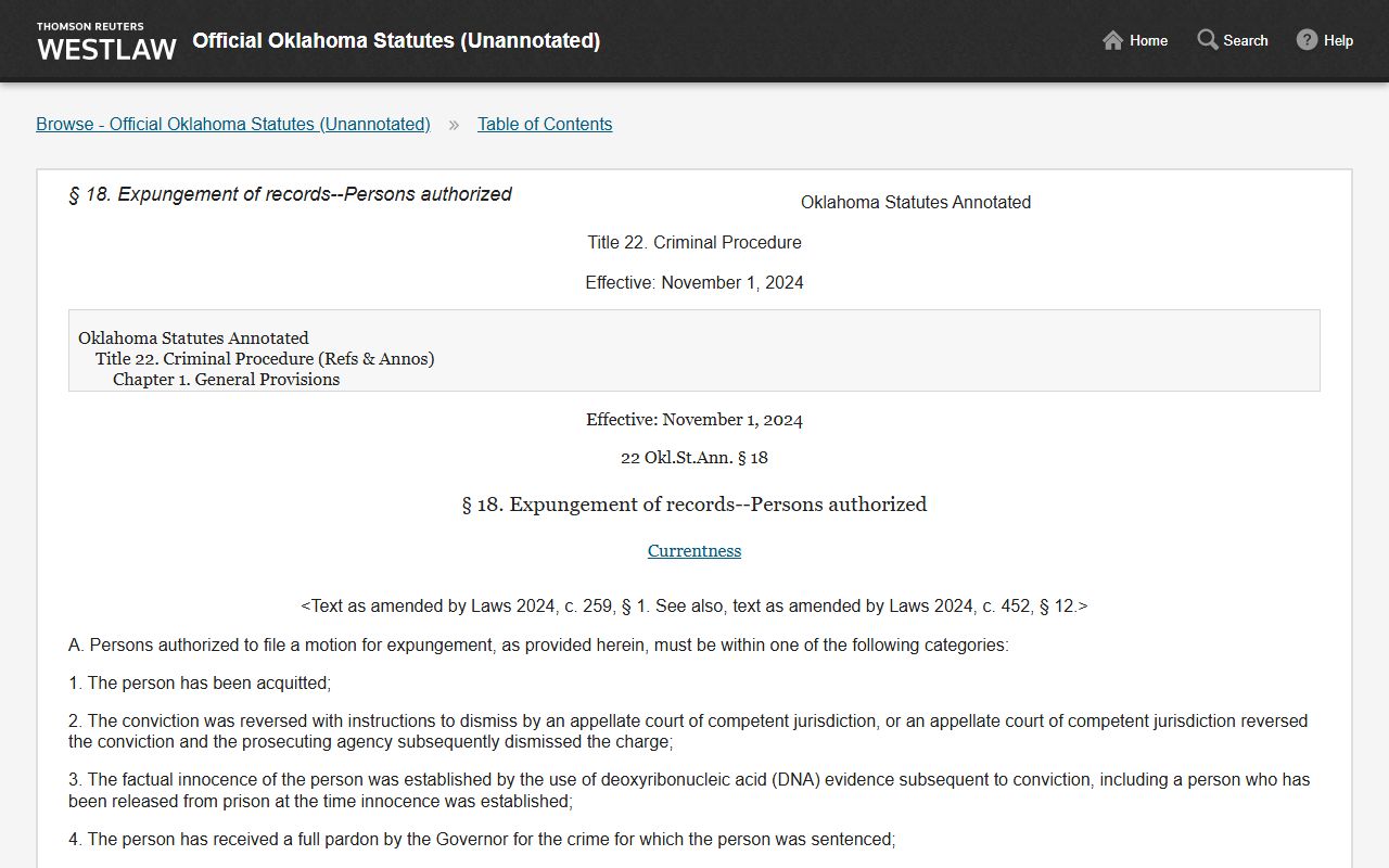 Pottawatomie County criminal court records expungement statute, Oklahoma Section 22-18