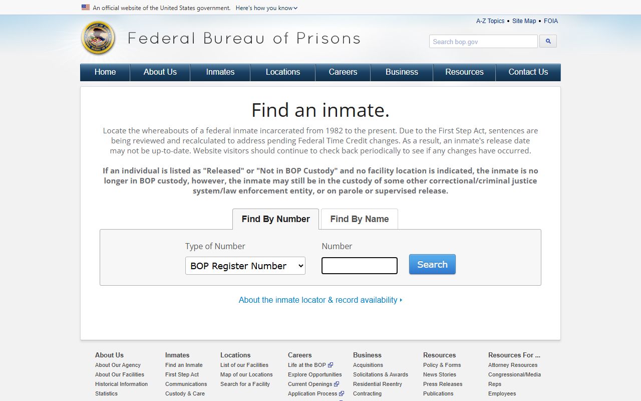 Pottawatomie County federal inmate records search on the Federal Bureau of Prisons locator