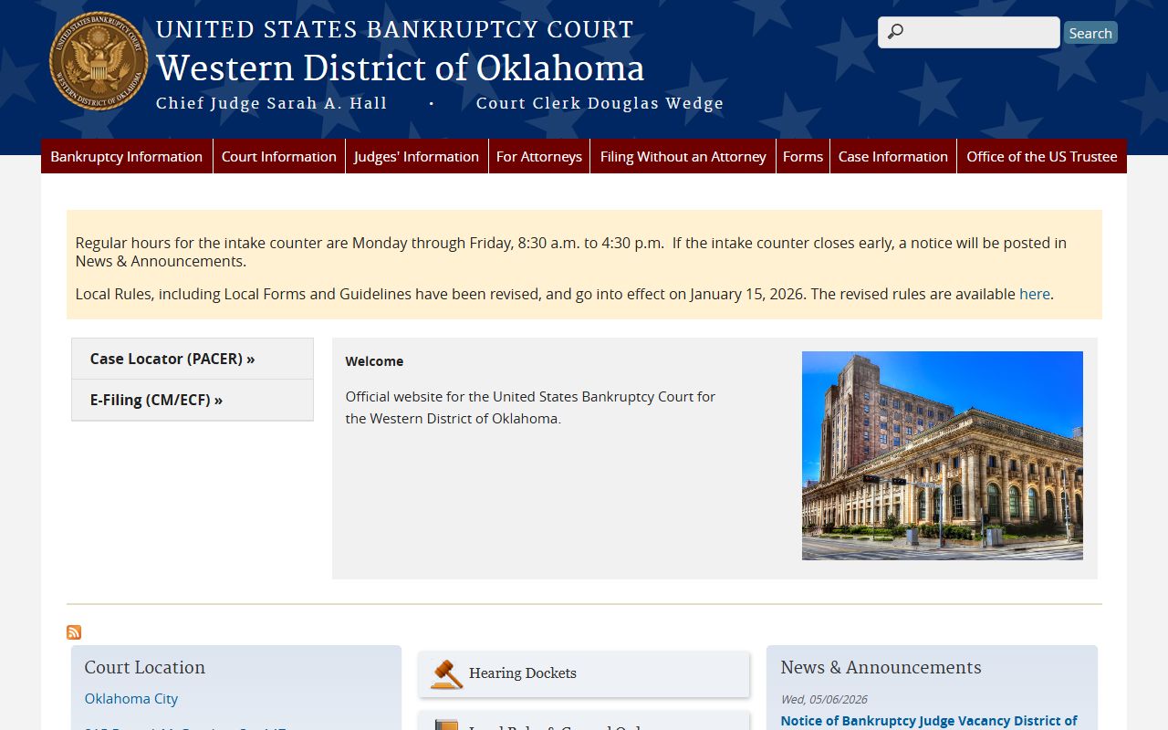 Pottawatomie County federal bankruptcy court records on the U.S. Bankruptcy Court Western District of Oklahoma site