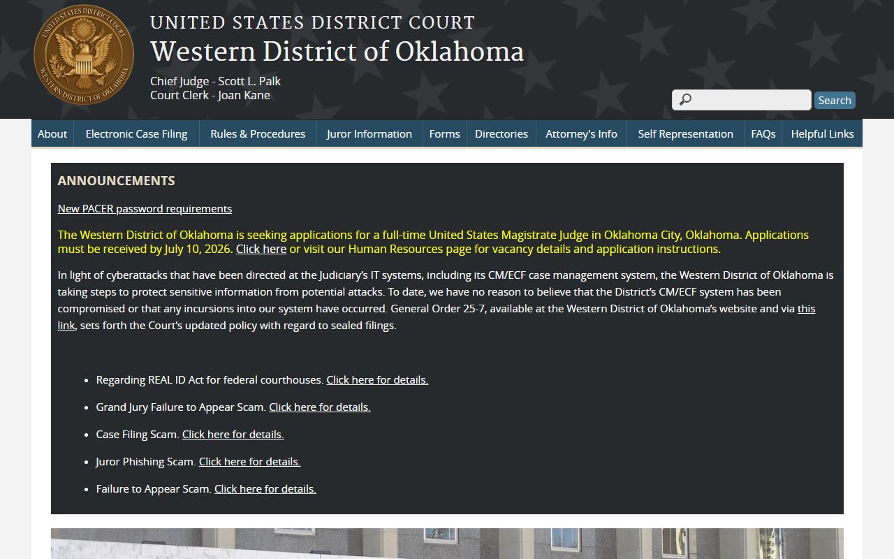 Pottawatomie County federal court records on the U.S. District Court Western District of Oklahoma site