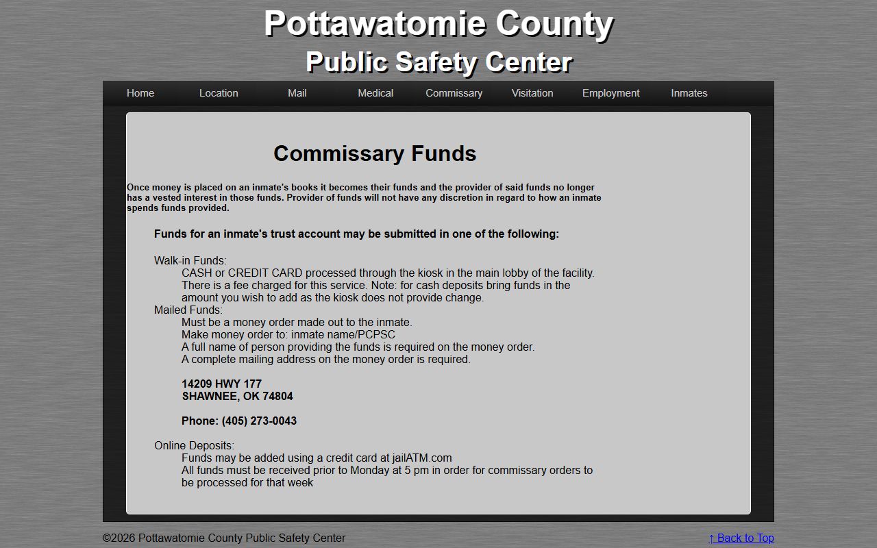 Pottawatomie County inmate commissary deposit options on the Public Safety Center website