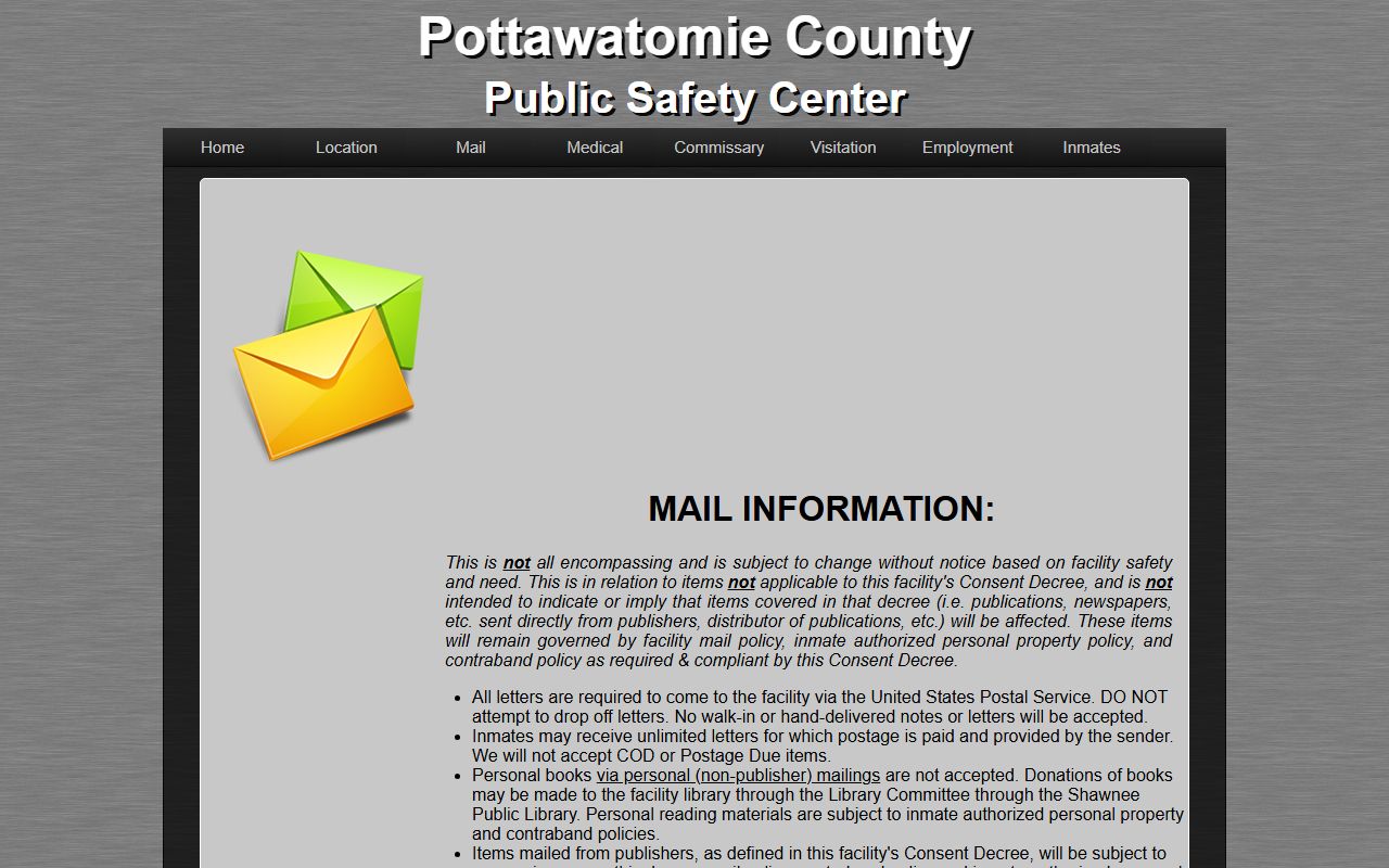 Pottawatomie County inmate jail mail rules on the Public Safety Center website