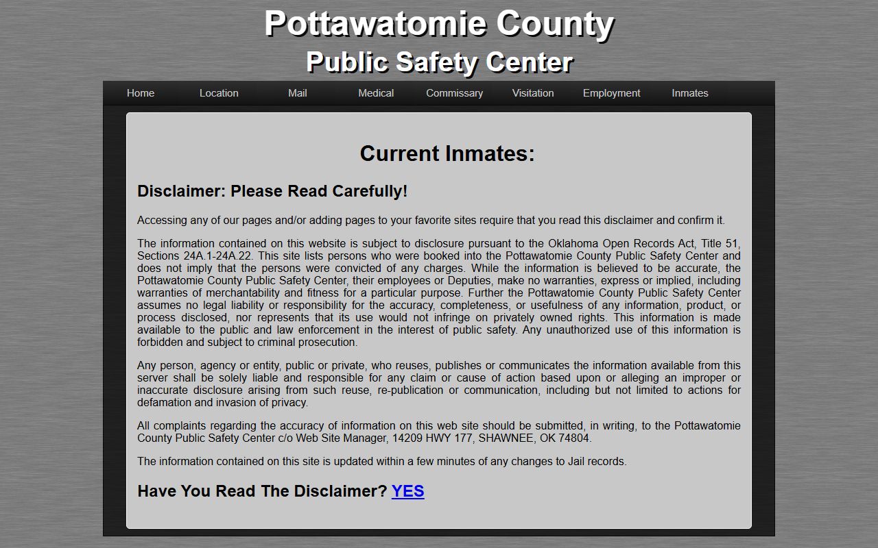 Pottawatomie County inmate records disclaimer on the Public Safety Center website