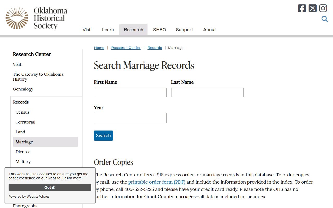 Pottawatomie County historical marriage index search on the Oklahoma Historical Society site