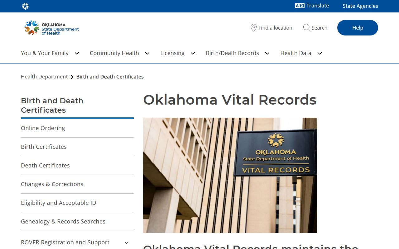 Pottawatomie County marriage and divorce records direction on the Oklahoma Vital Records page