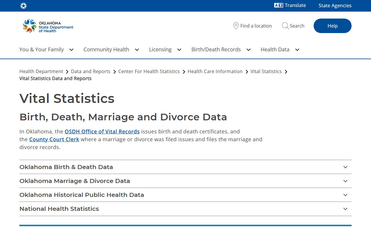 Pottawatomie County marriage and divorce record responsibilities in Oklahoma vital statistics