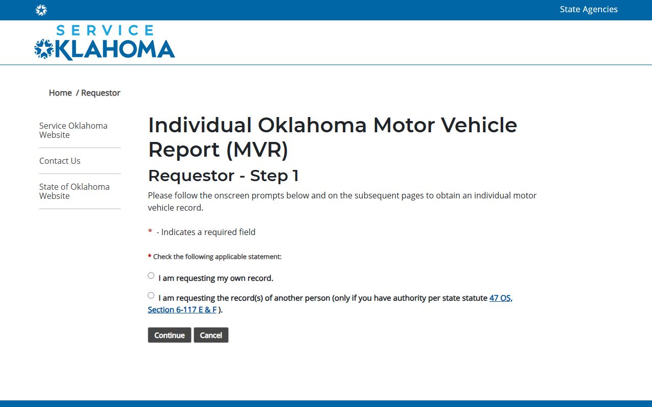 Pottawatomie County state driver record request on the Service Oklahoma MVR portal