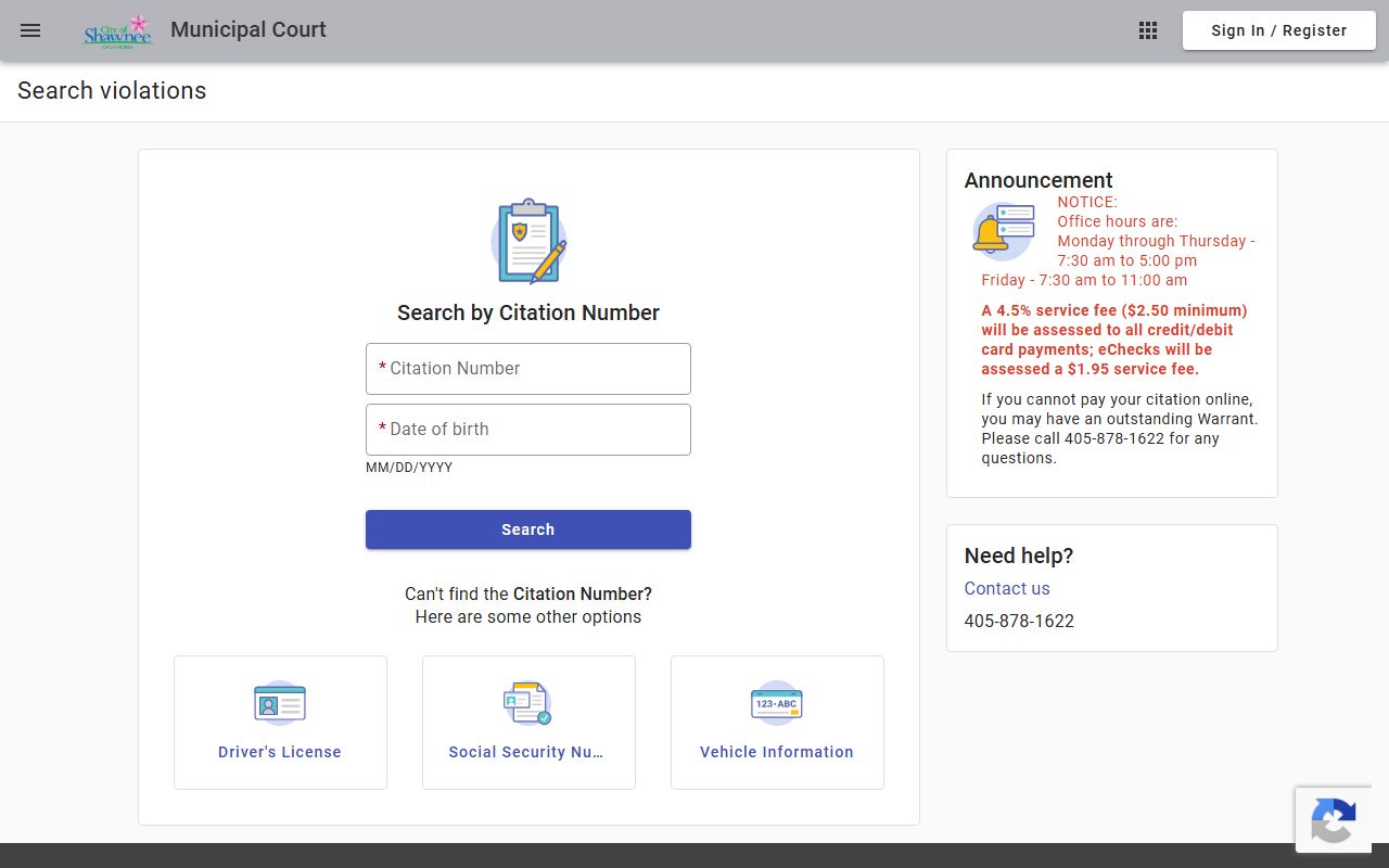 Pottawatomie County traffic court records search on the Shawnee municipal citation portal
