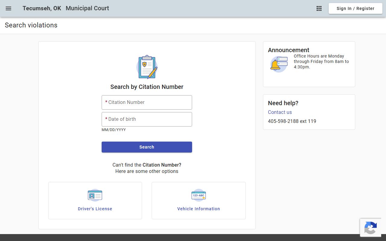 Pottawatomie County traffic citation lookup on the Tecumseh municipal court portal